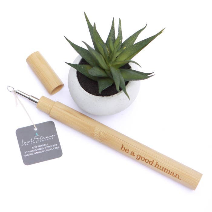 Silver Stainless Steel Metal Straw Set Bamboo Case