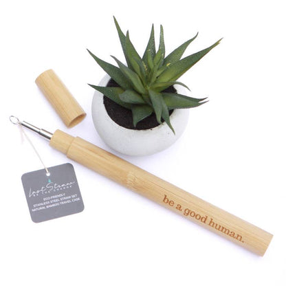 Silver Stainless Steel Metal Straw Set Bamboo Case